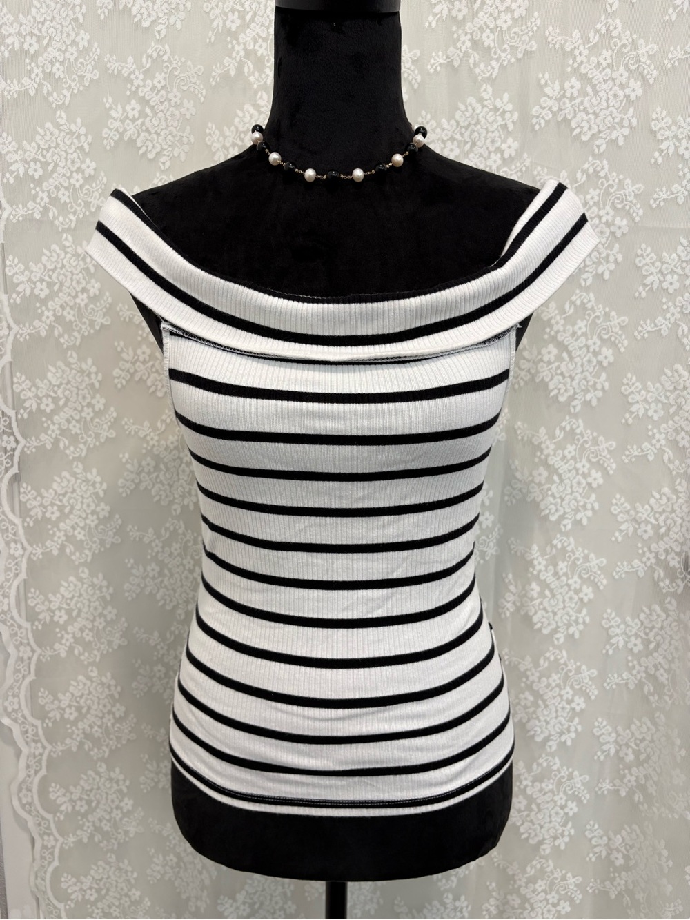 Old Navy Black & White Striped Off-Shoulder Ribbed Camisole